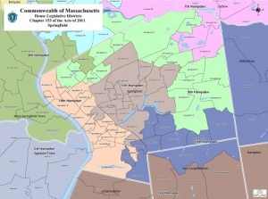 Map of Springfield's state House districts. The 9th Hampden is in lime green. (via malegislature.gov)