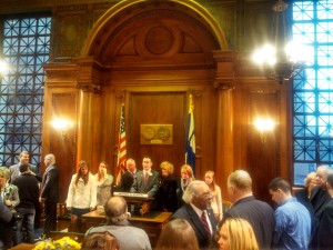 Councilor Fenton with family on Council Chamber dais (WMassP&I)