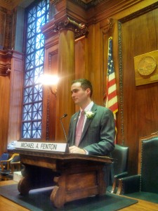 Councilor Mike Fenton, presiding ove his first meeting at President voted against the home rule petition.  (WMassP&I)