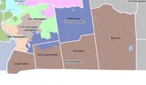 The Second Hampden House District in dark brown. Parts of Springfield that dip toward Longmeadow were once in the district. (via malegislature.gov)