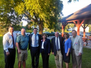 From left Kevin Sullivan, Bo Sullivan, Rep. John Velis, Sen. Gale Candaras, Judge Peter Velis, his wife Suzanne, and Candaras' husband Arthur Wolf. (WMassP&I)