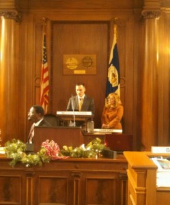 Councilor Zaida Luna accepts a proclamation on her service to the Council from President Michael Fenton on Monday (WMassP&I)