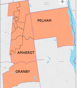 The 3rd Hampshire includes all of Amherst and Pelham and Precinct 1 of Granby. (via mass.gov)