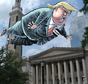 He may not be coming, but the campaign is. (created via wikipedia images and Pittsburgh Post-Gazette cartoon).