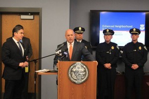 Councilor Ashe at police announcement with Mayor Sarno and Commissioner John Barbieri (via Facebook/Ashe campaign)