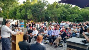 Springfield Mayor Sarno addresses supporters of Councilor Ashe earlier this year. (WMassP&I)