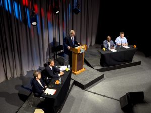 Monday's debate stage. From left, Mary Hurley, Jeff Morneau, Mike Dobbs, Kari Njiri and Matt Szafranski (via Focus Springfield)