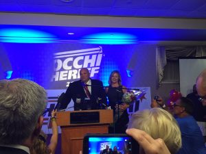 Nick Cocchi and wife Wendi take the stage at the Lusitano Club in Ludlow (via Twitter/@ericlesser)