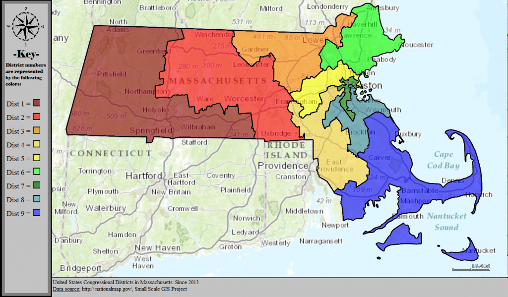 The Mass. 1st Congressional District, in maroon red. (via wikipedia)