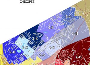 Ward 2 in Springfield divided up into its constituent precincts in shades of blue and lavender. (via Mass Sec. of State)